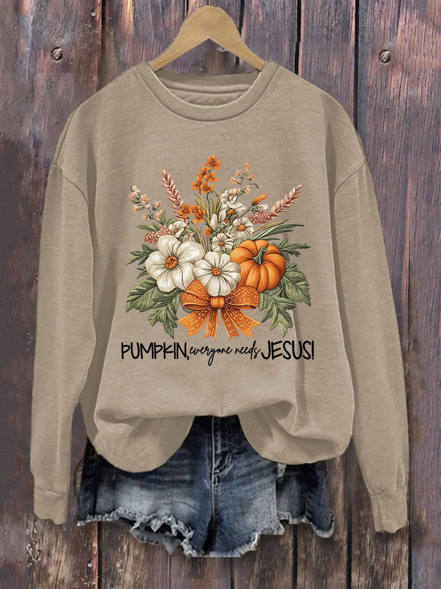 Women's Floral Pumpkin Fall Jesus Print Casual Sweatshirt