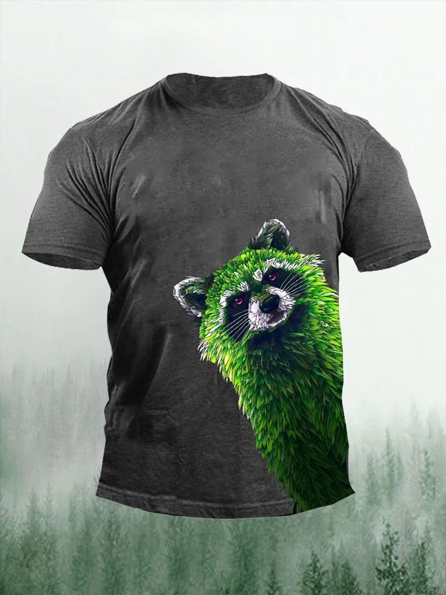 Men's Green Raccoon Print Casual T-Shirt