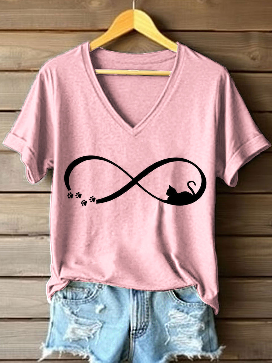 Women's Funny Cat Art Print V-Neck T-Shirt