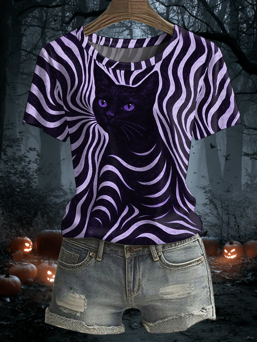 Women's Halloween Black Cat Stripes Print Casual Tee
