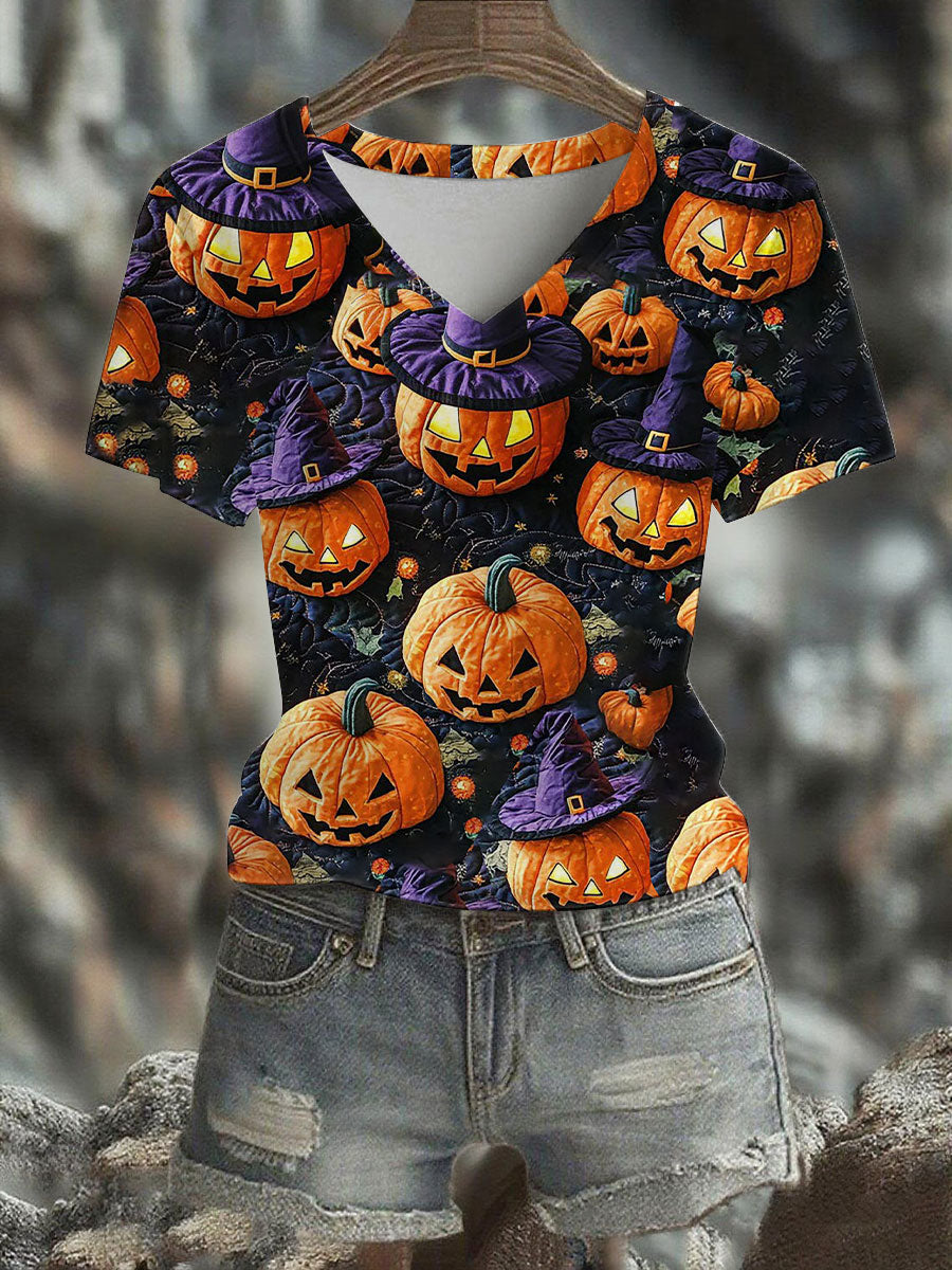 Women's Halloween Pumpkin Printed V-neck T-shirt