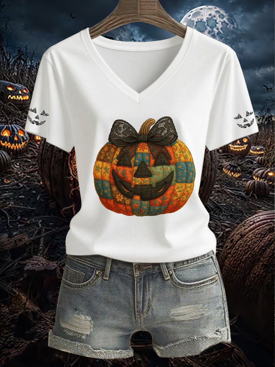Women's Vintage Halloween Patchwork Pumpkin Face Short Sleeve T-Shirt