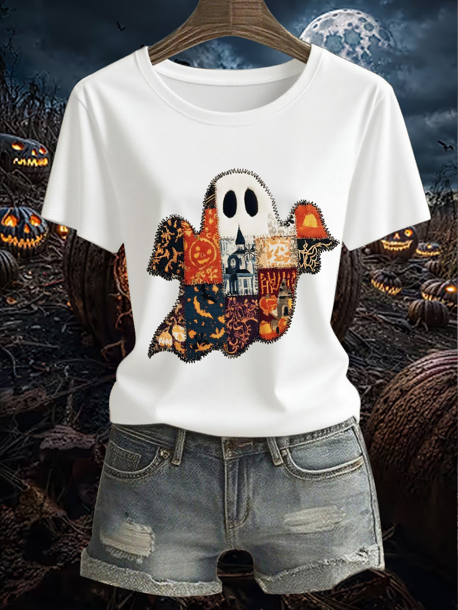 Women's Vintage Halloween Patchwork Ghost Short Sleeve T-Shirt
