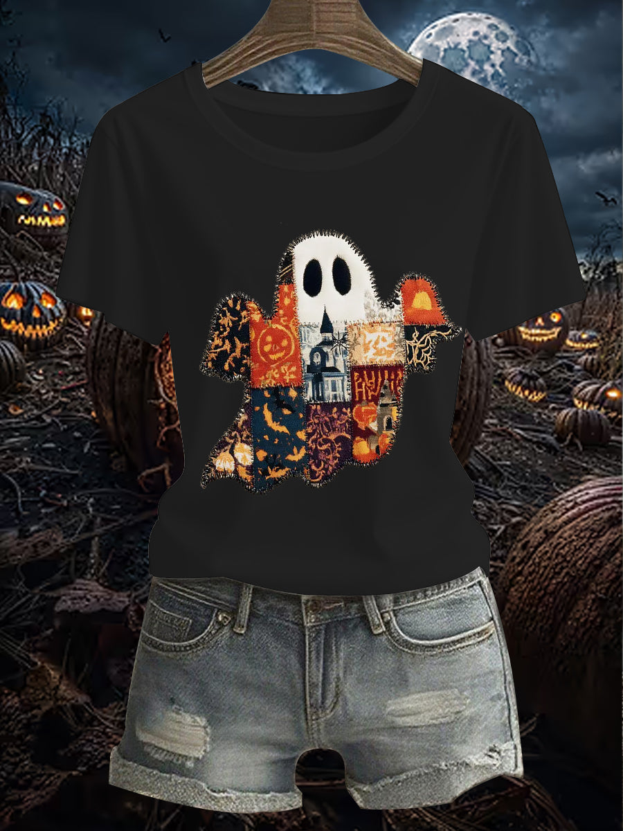 Women's Vintage Halloween Patchwork Ghost Short Sleeve T-Shirt