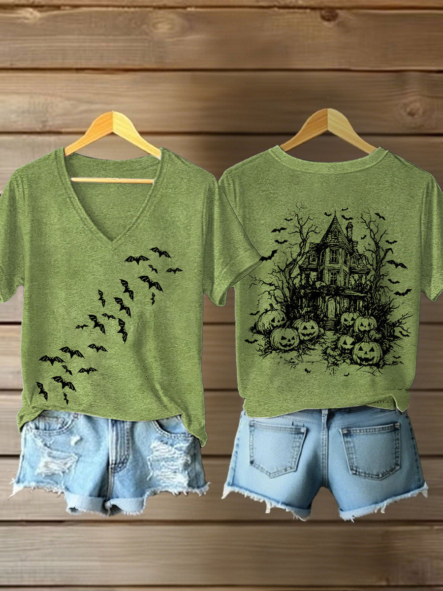 Women's Vintage Halloween Bats Pumpkin Short Sleeve T-Shirt