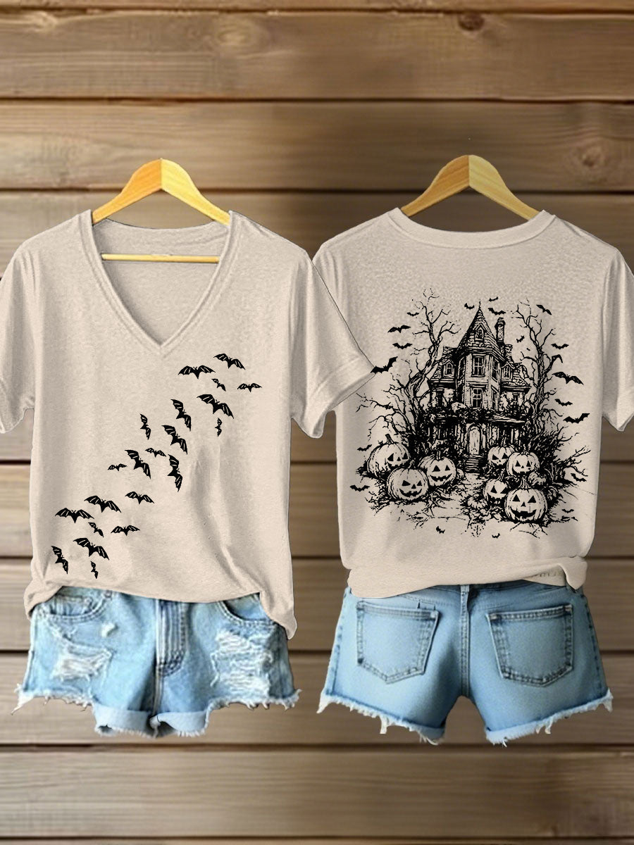 Women's Vintage Halloween Bats Pumpkin Short Sleeve T-Shirt