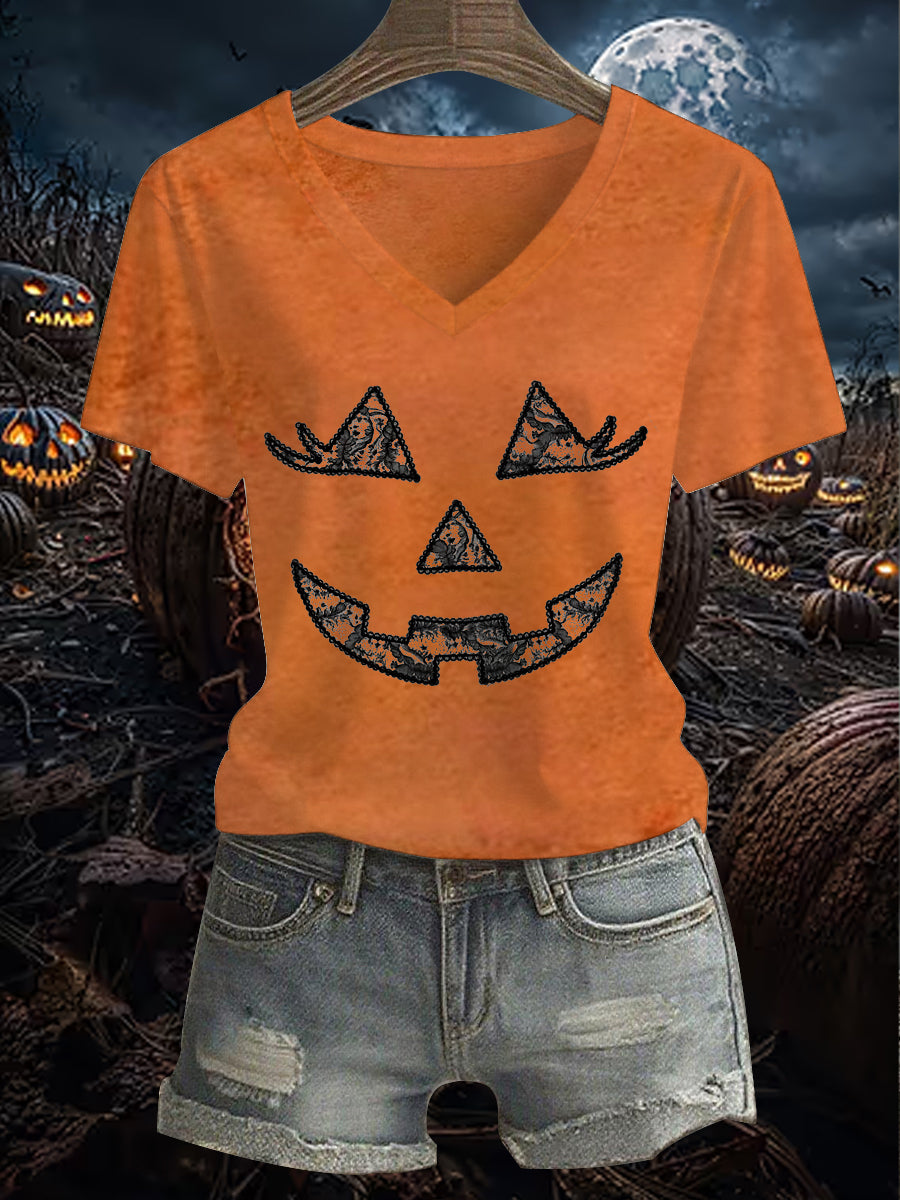 Women's Vintage Halloween Pumpkin Face Short Sleeve T-Shirt