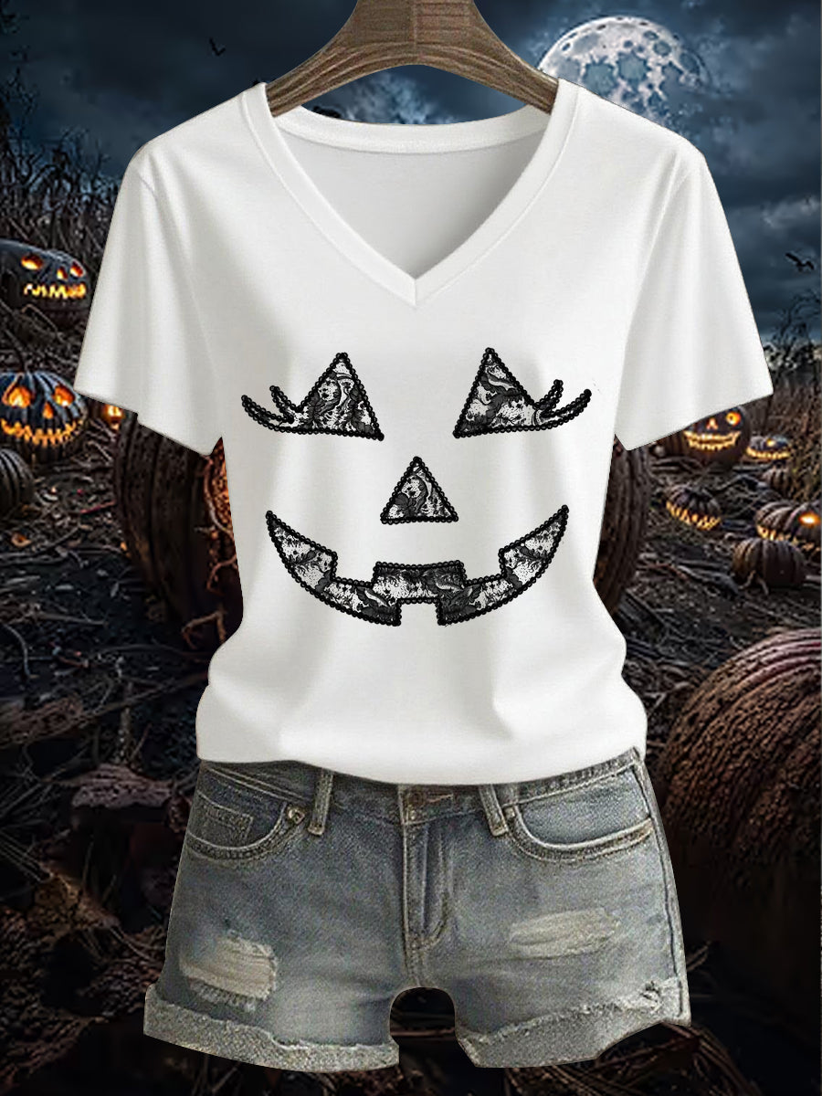 Women's Vintage Halloween Pumpkin Face Short Sleeve T-Shirt