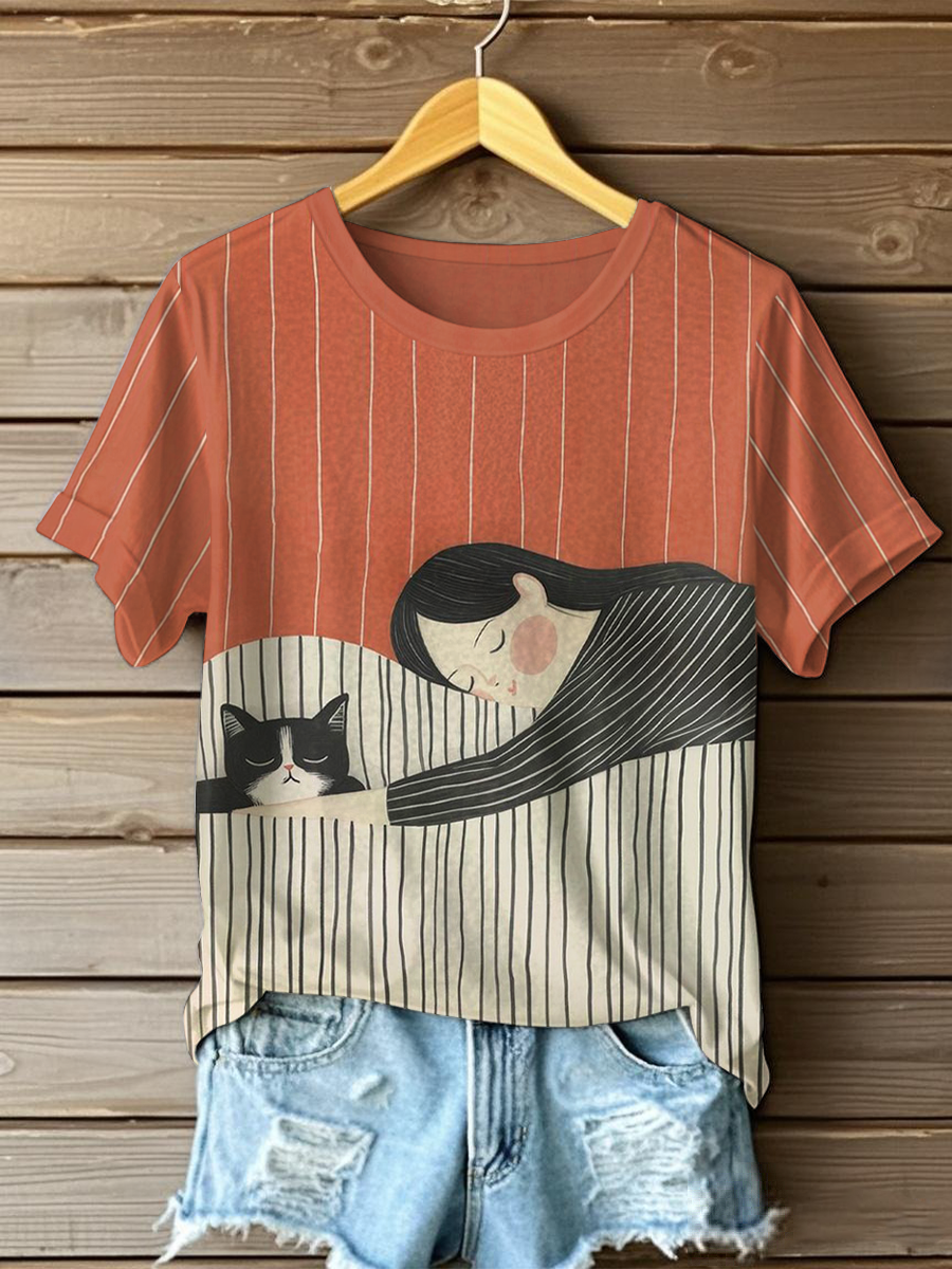 Women's Cat Art Print Casual T-Shirt