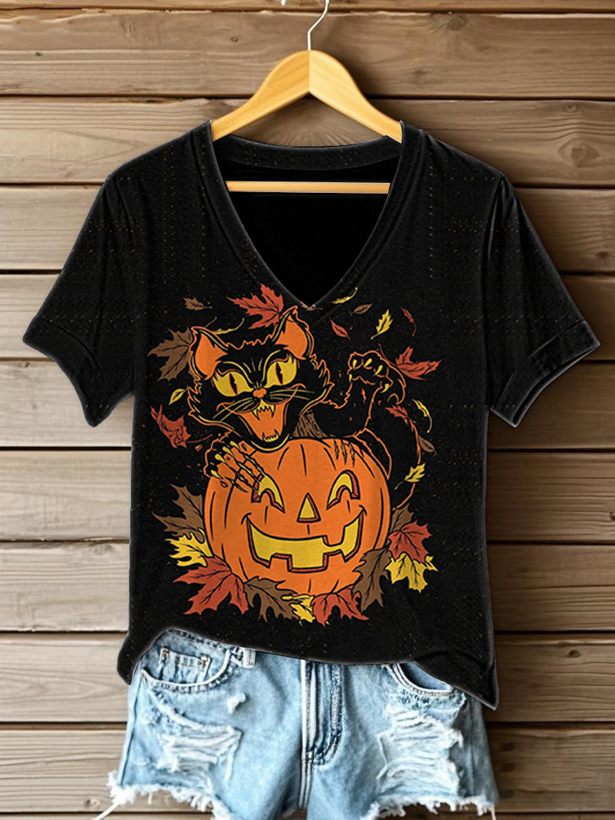 Women's Halloween Printed V-neck T-shirt