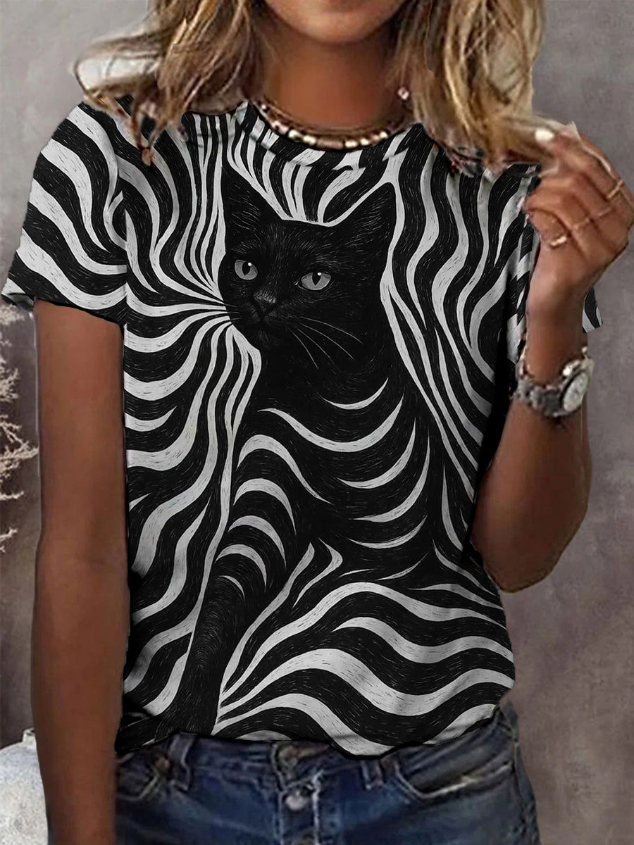 Women's Halloween Black Cat Stripes Print Casual Tee