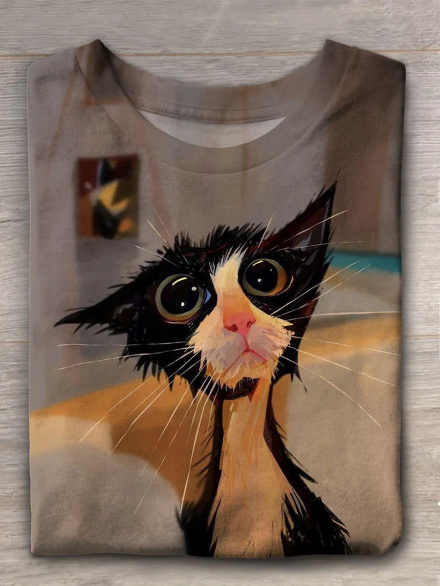 Women's Funny Cat Crew Neck Short Sleeve T-shirt