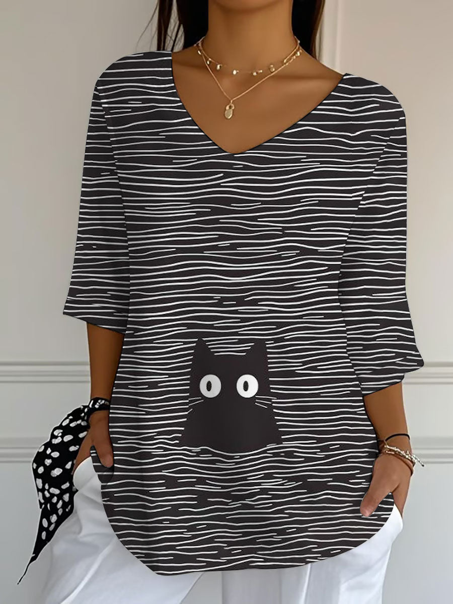 Women's Cat Art Print Casual T-shirt