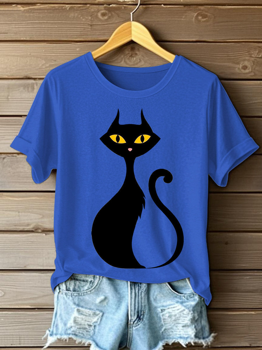 Women's Halloween Black Cat Short Sleeve T-Shirt