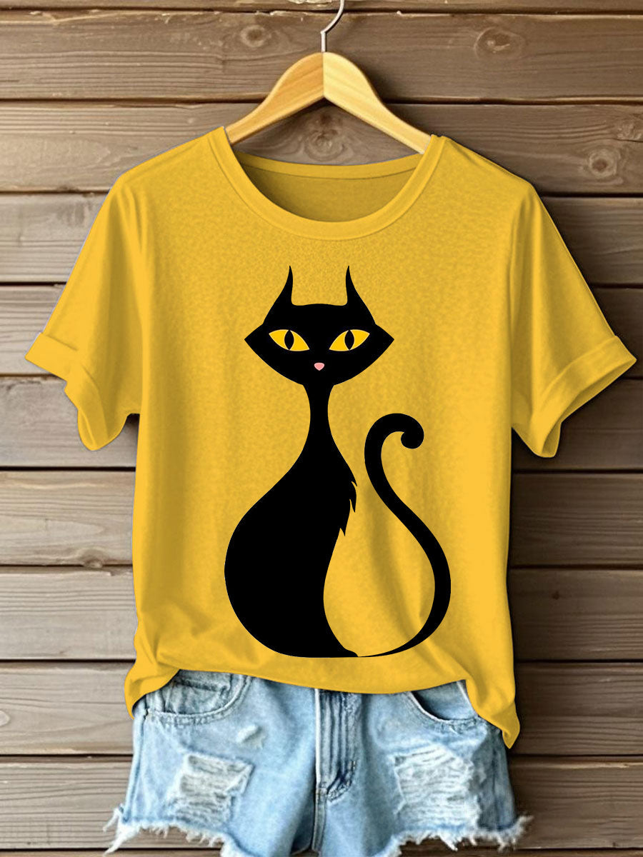 Women's Halloween Black Cat Short Sleeve T-Shirt