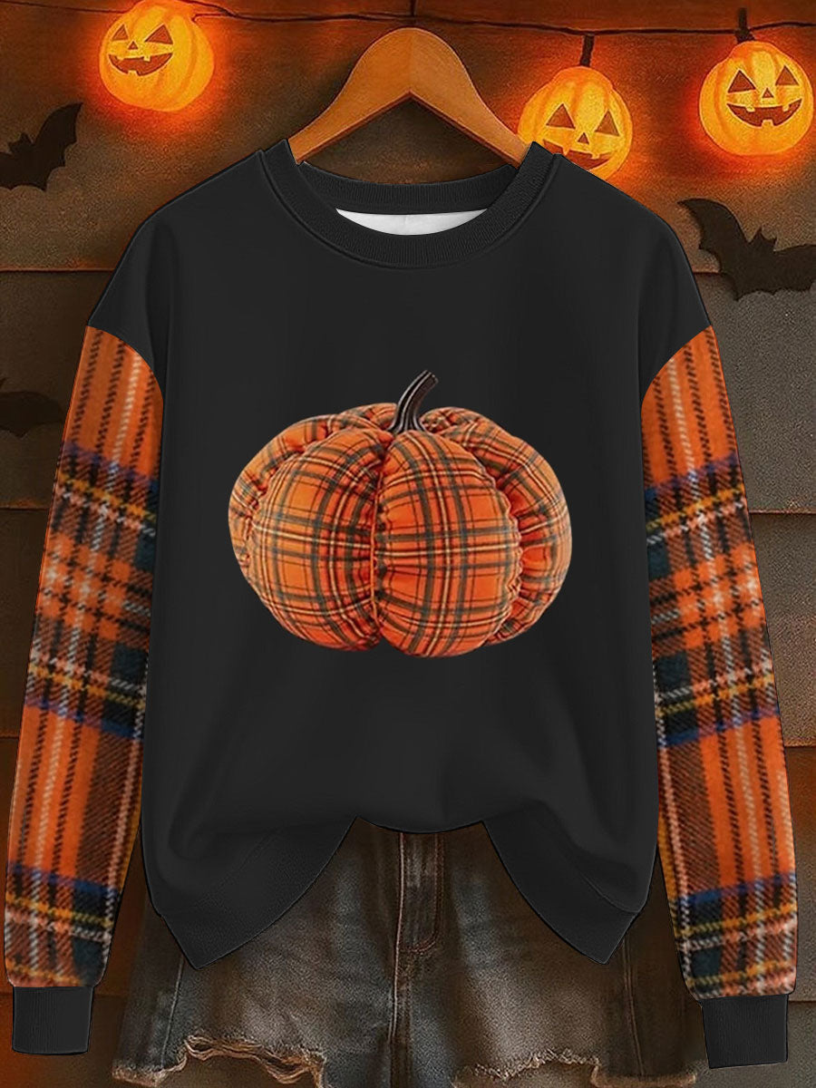 Women's Autumn Pumpkin Grid Crew Neck Sweater