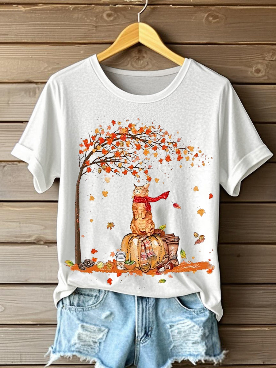 Women's It’s Fall Y’all Cute Cat Printed Short Sleeve T-Shirt