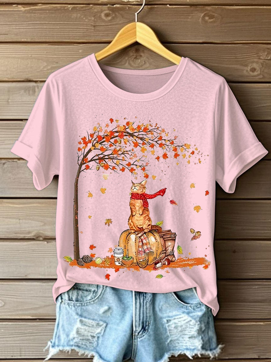 Women's It’s Fall Y’all Cute Cat Printed Short Sleeve T-Shirt