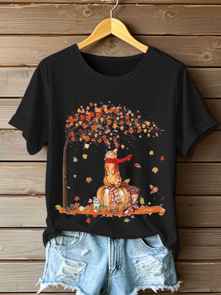 Women's It’s Fall Y’all Cute Cat Printed Short Sleeve T-Shirt
