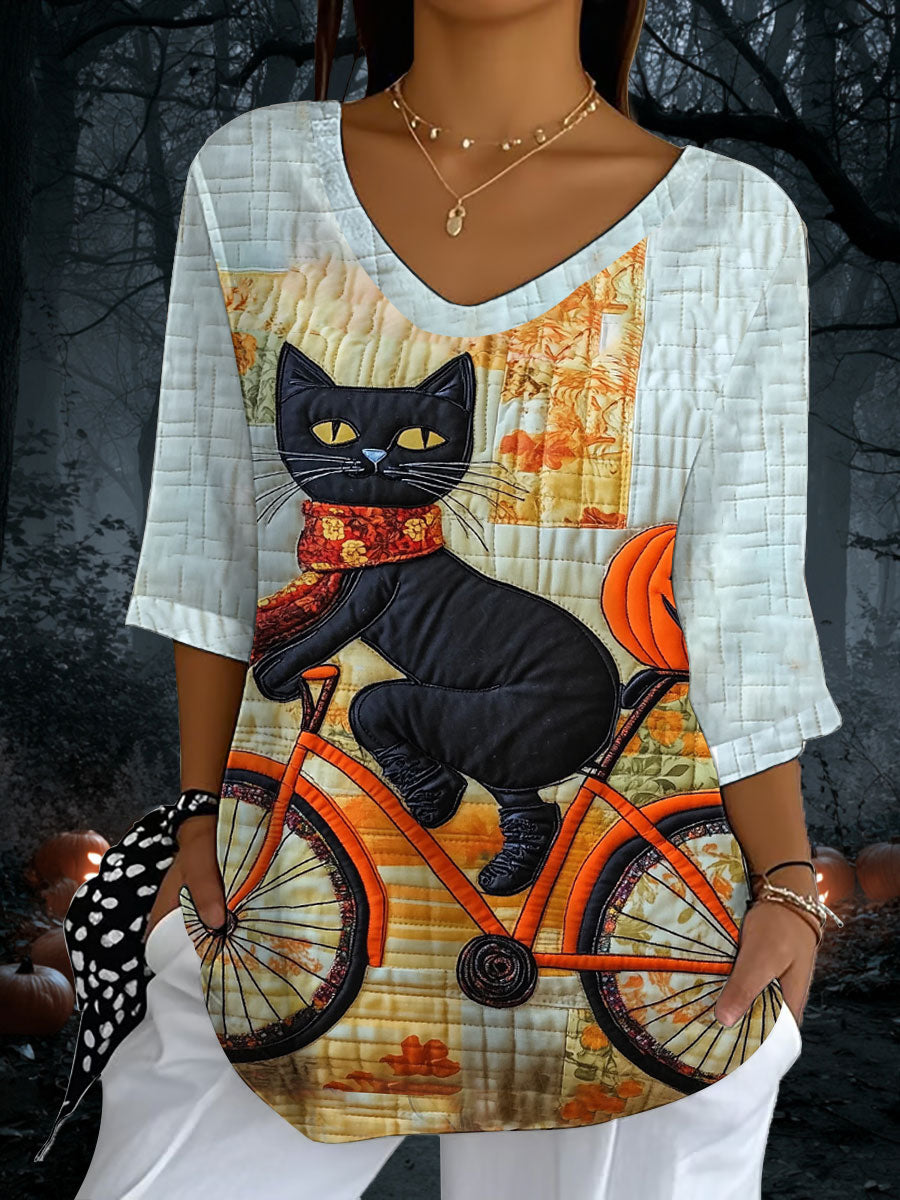 Women's Halloween Black Cat Print Casual Half Sleeve Top