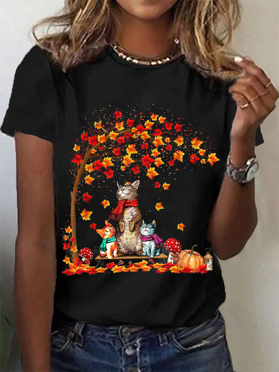 Women's It’s Fall Y’all Cute Cat Printed Short Sleeve T-Shirt