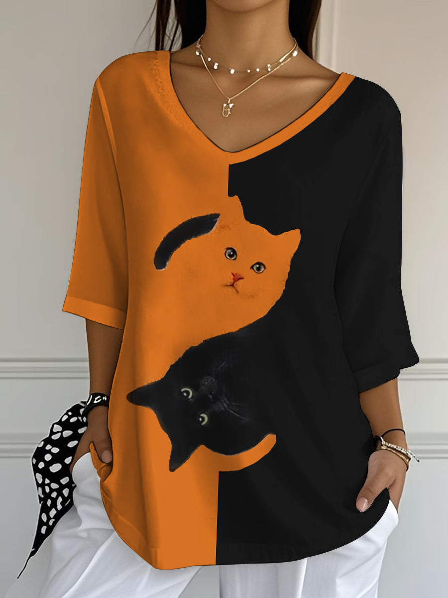 Women's Black Cat Print Casual Half-Sleeve Top