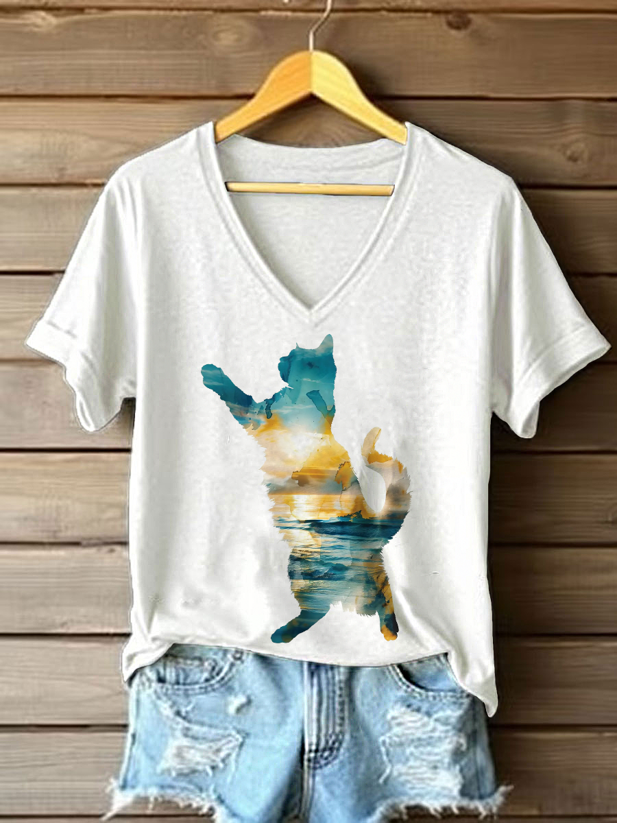 Women's Cat Art Print Casual T-shirt