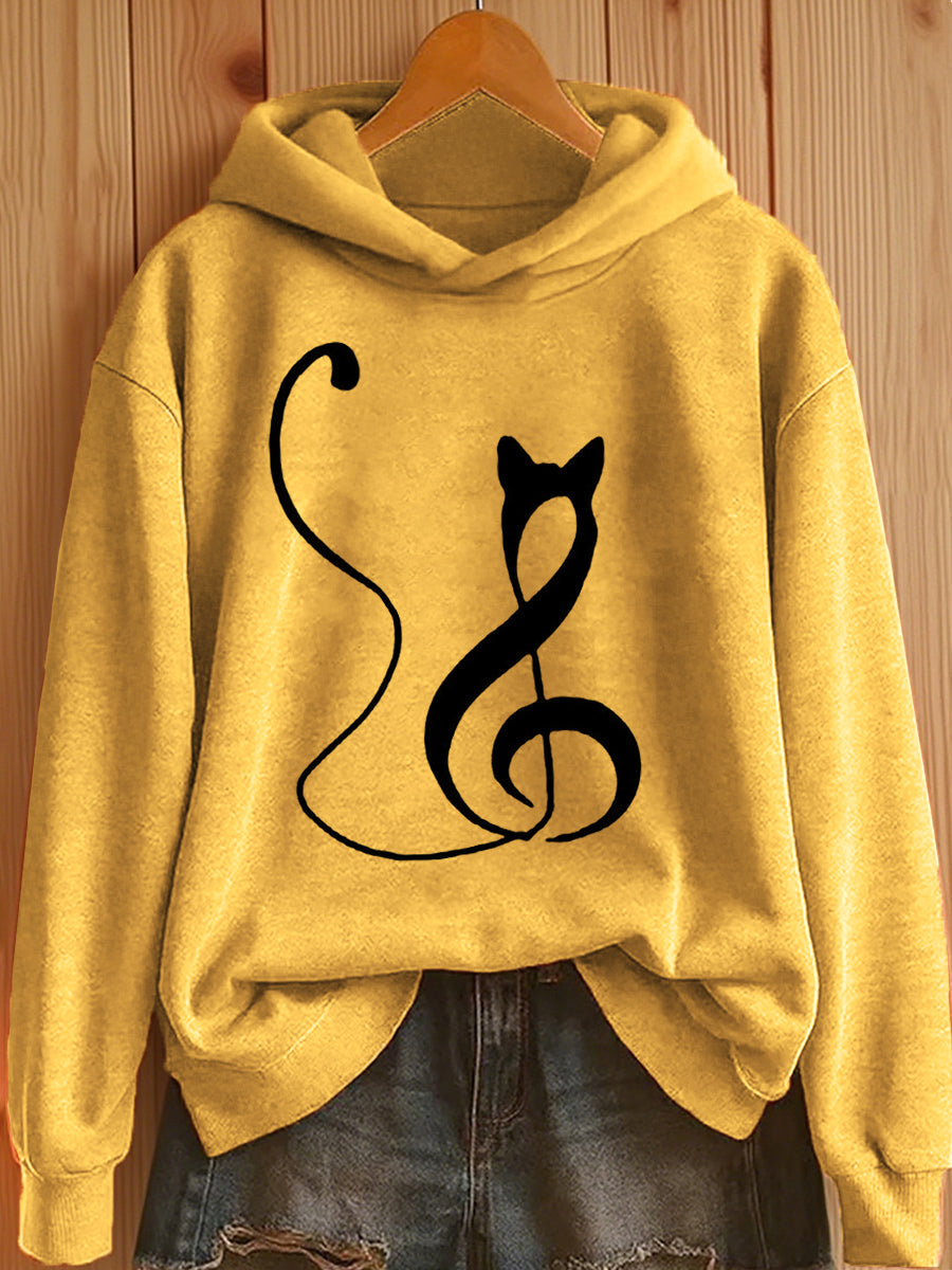 Women's Music Note Inspired Cat Print Hoodie