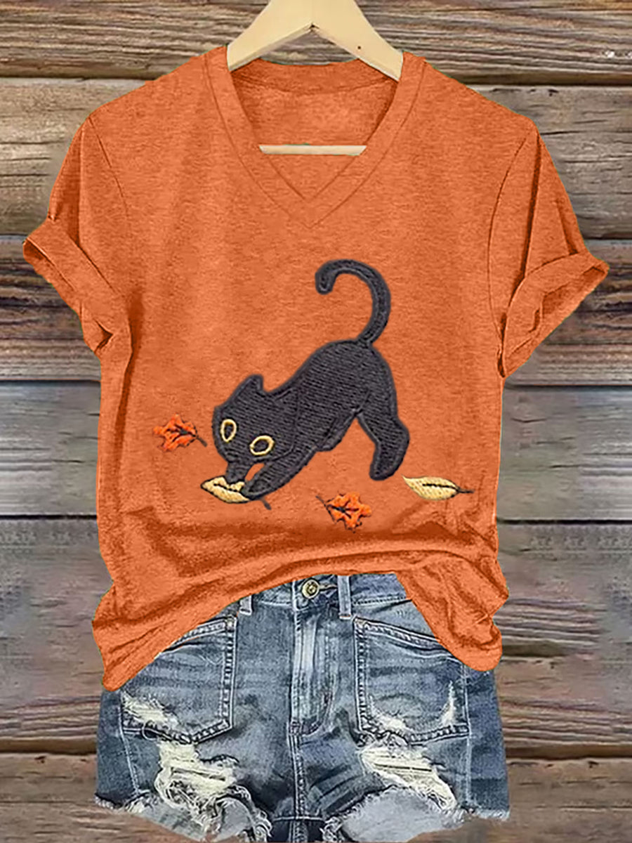 Women's Cozy Fall Cute Black Cat Short Sleeve T-Shirt