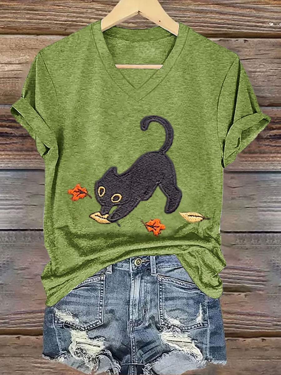 Women's Cozy Fall Cute Black Cat Short Sleeve T-Shirt