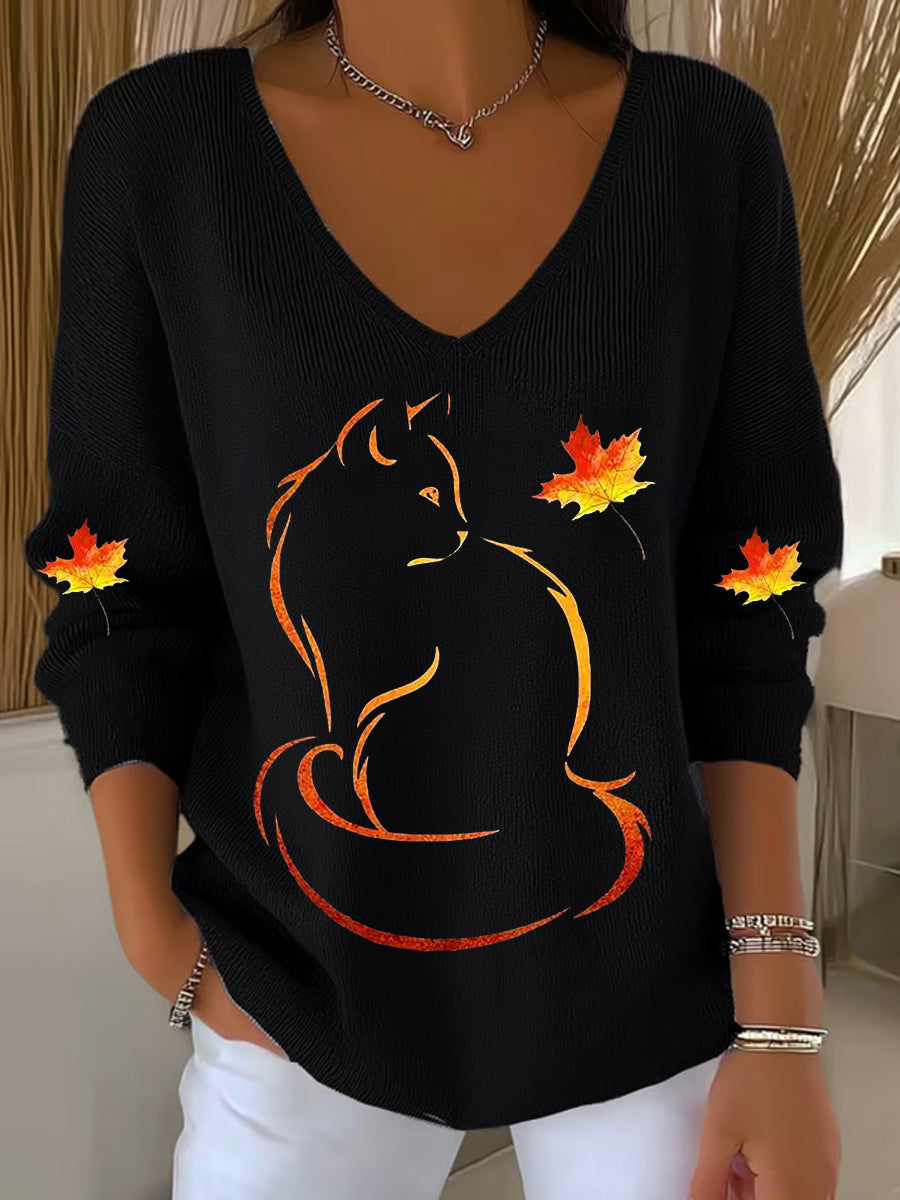 Women's It’s Fall Y’all Cute Cat Printed V-Neck Casual Long Sleeve Shirt