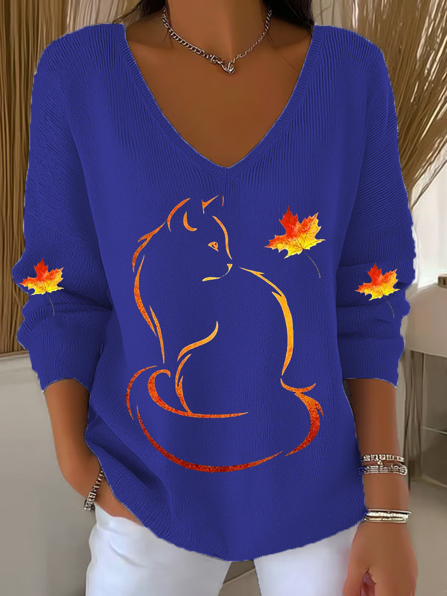 Women's It’s Fall Y’all Cute Cat Printed V-Neck Casual Long Sleeve Shirt
