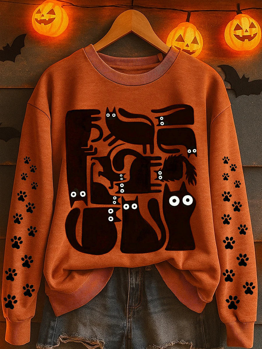 Women's Halloween Cat Print Sweatshirt