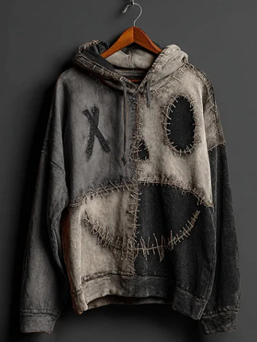 Men's Halloween Pumpkin Face Colorblock Patchwork Hoodie