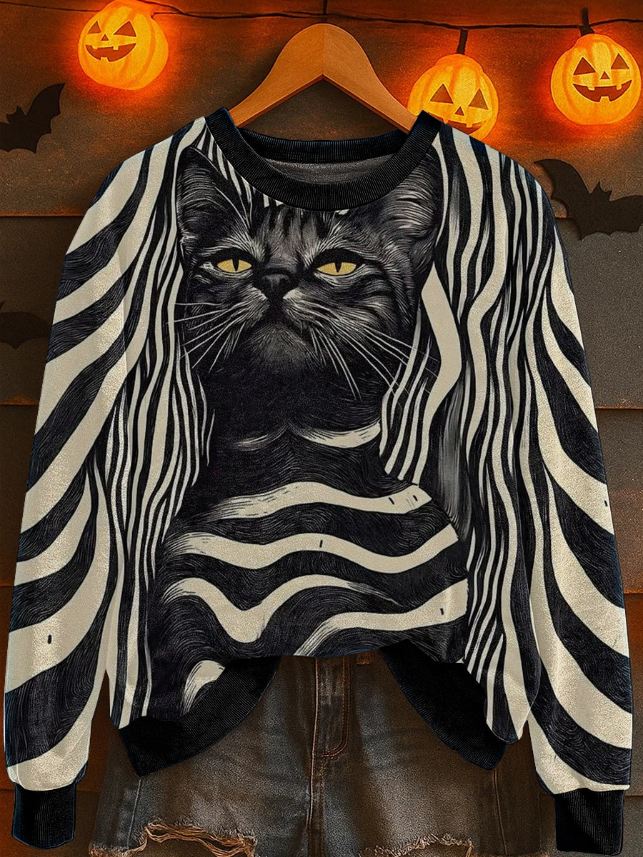 Women's Halloween Cat Print Sweatshirt
