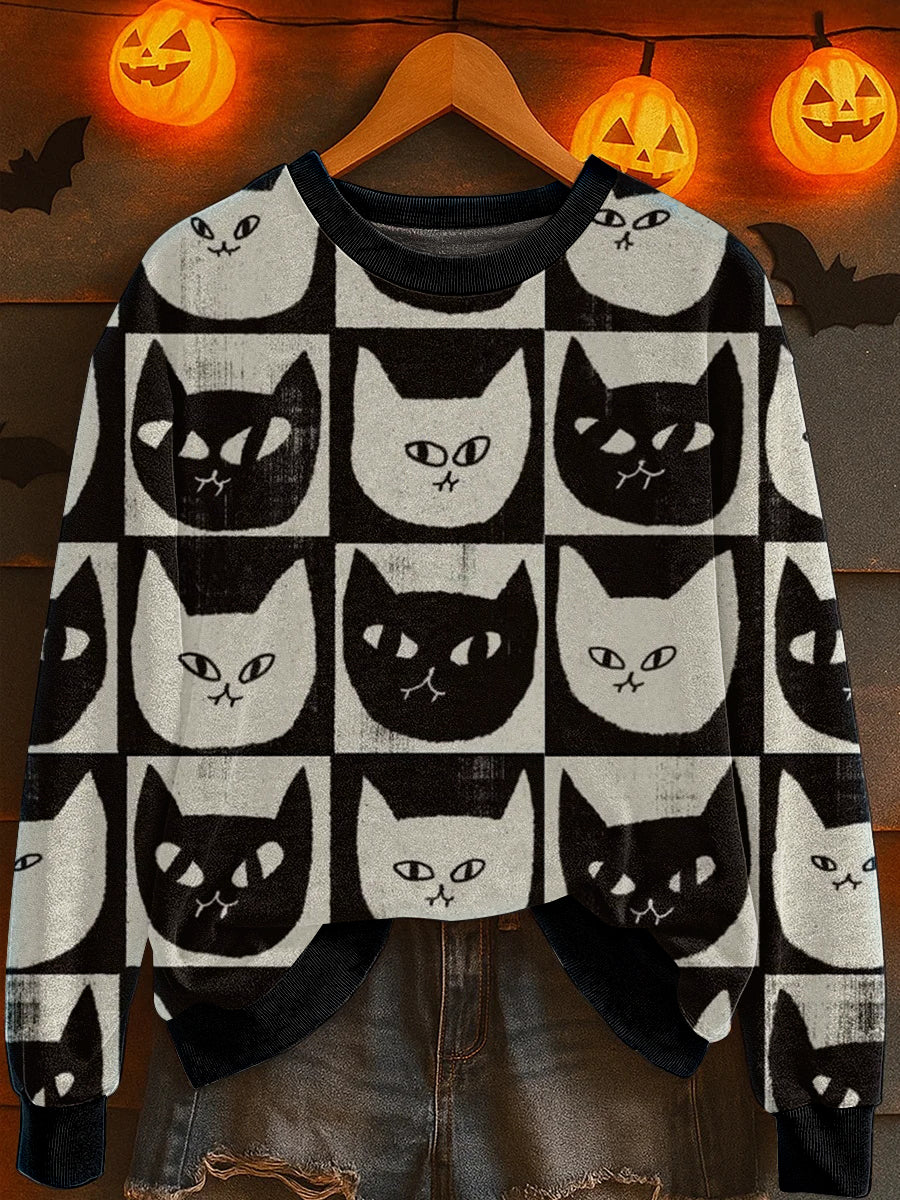 Women's Halloween Cat Print Sweatshirt