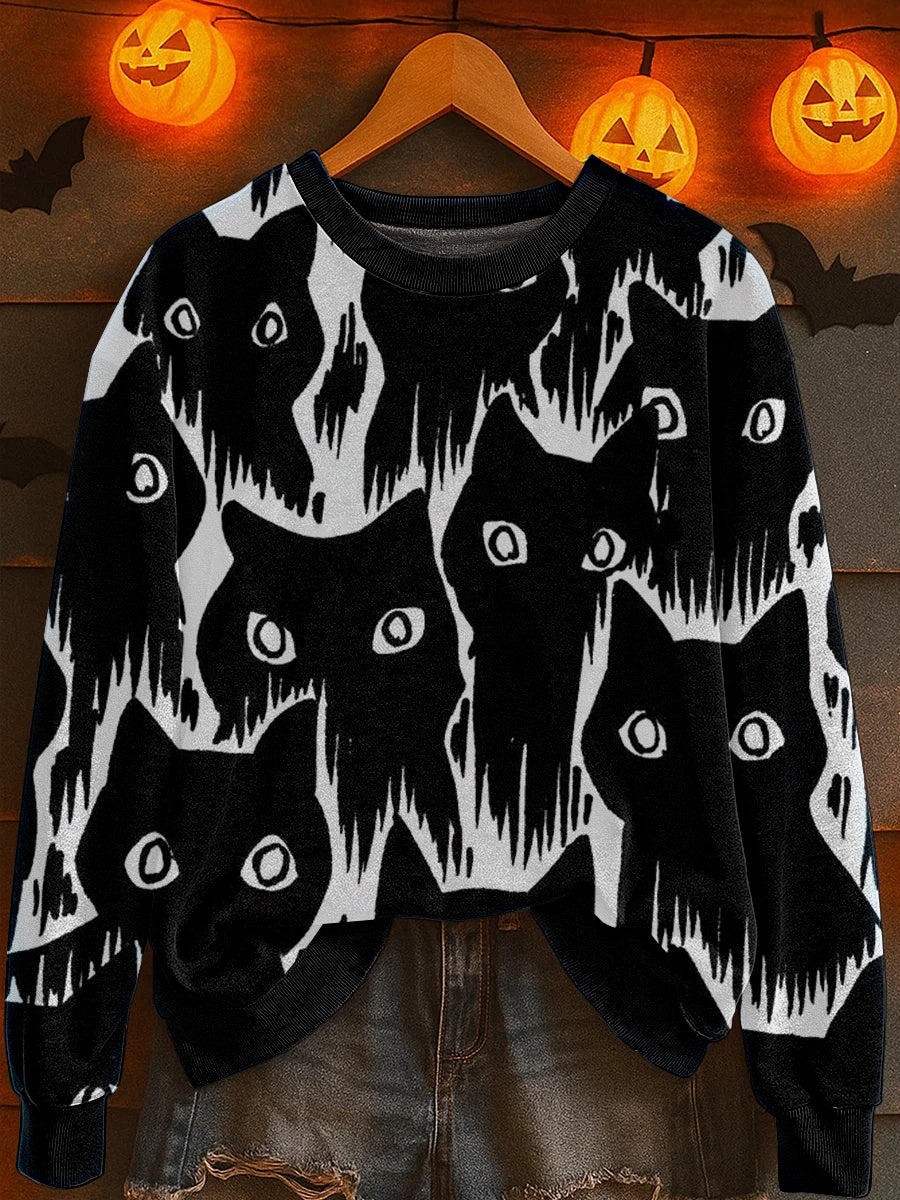 Women's Halloween Cat Print Sweatshirt