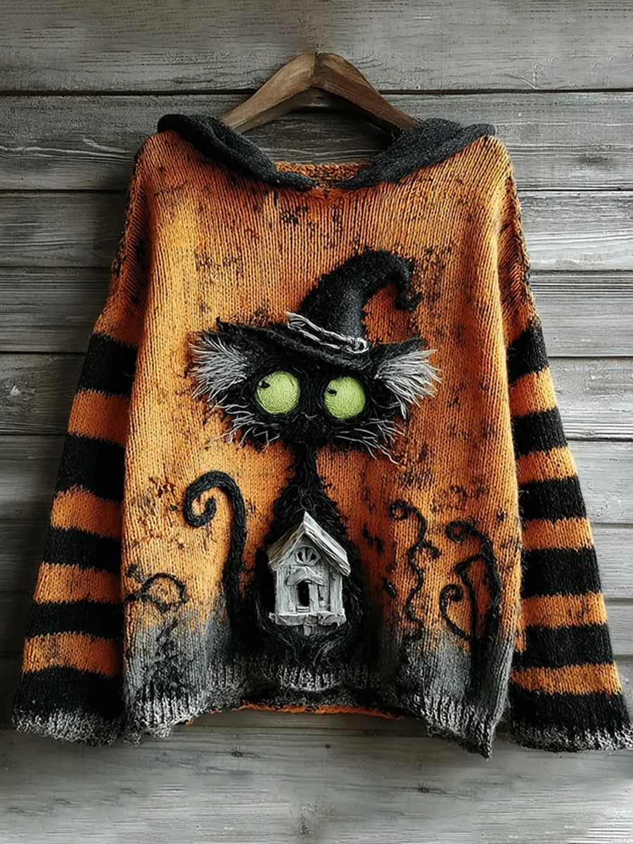 Women's Halloween Cute Witch Cats And Castle Art Crew Neck Sweater
