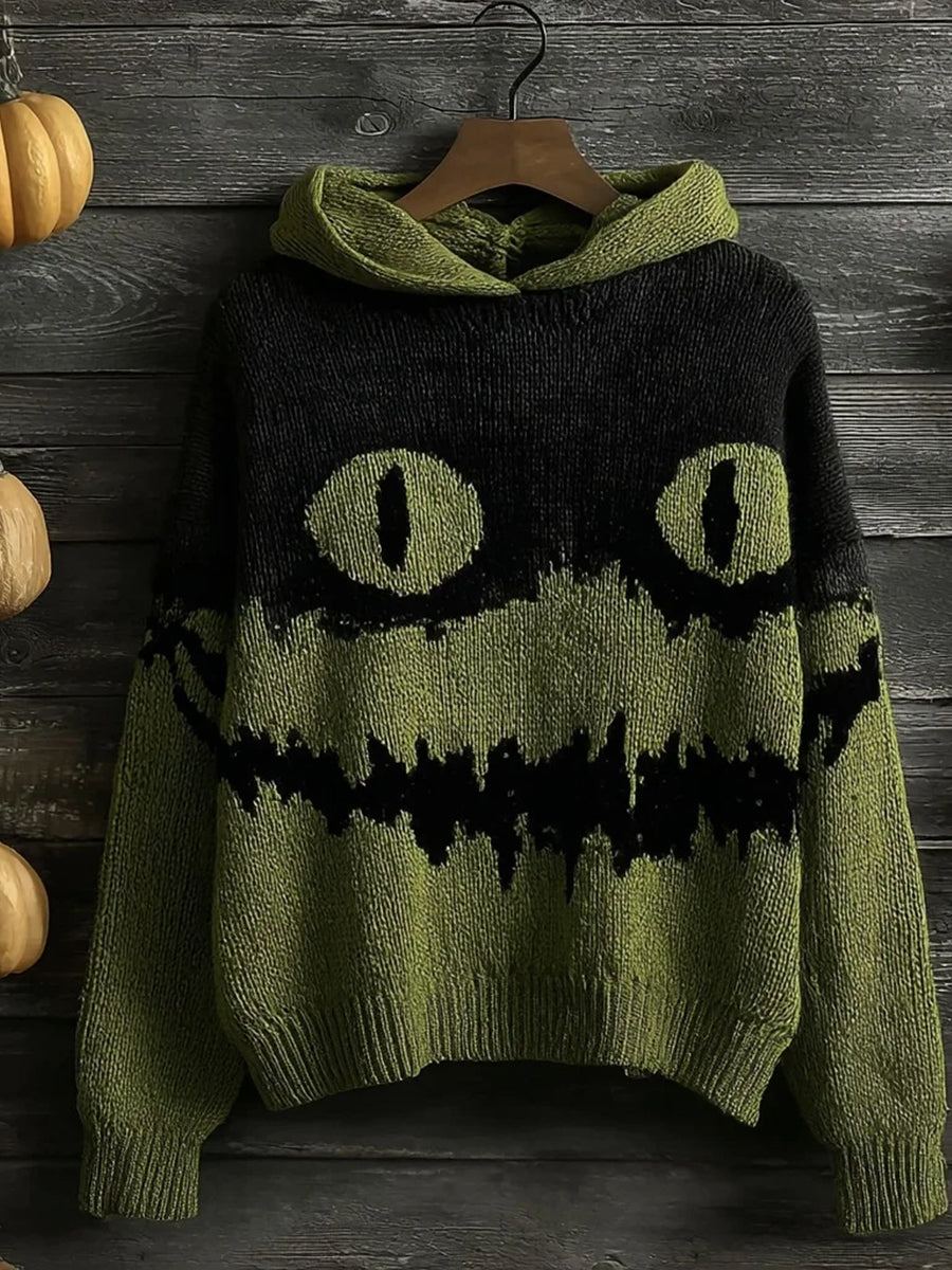Women's Halloween Horror Smiley Face Art Crew Neck Sweater