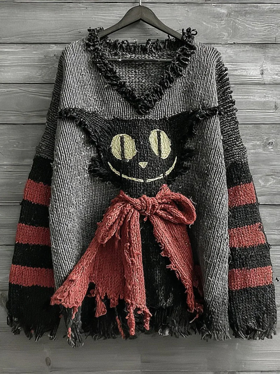 Women's Halloween Caped Black Cat Striped Art Sweater
