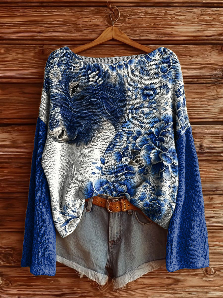 Women's Delft Blue Highland Cattle Printed Drop Shoulder Long Sleeve Antarctic Fleece Sweater