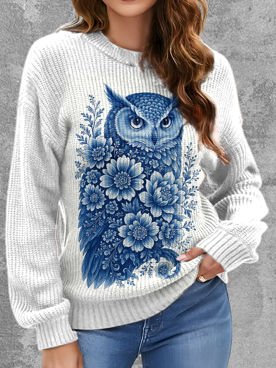 Womens' Delft Blue Owl Art Printed Round Neck Comfortable Sweater