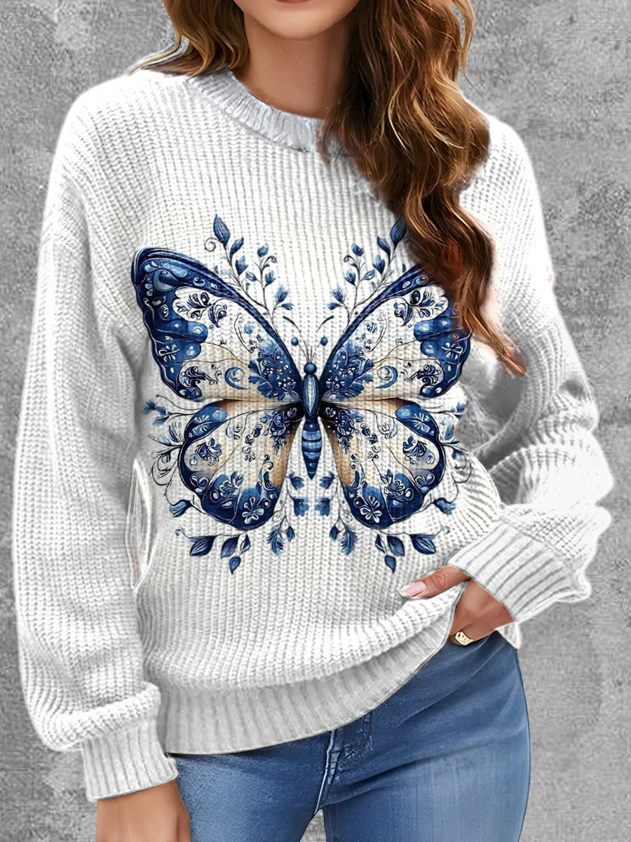 Womens' Delft Blue Butterfly Art Printed Round Neck Comfortable Sweater