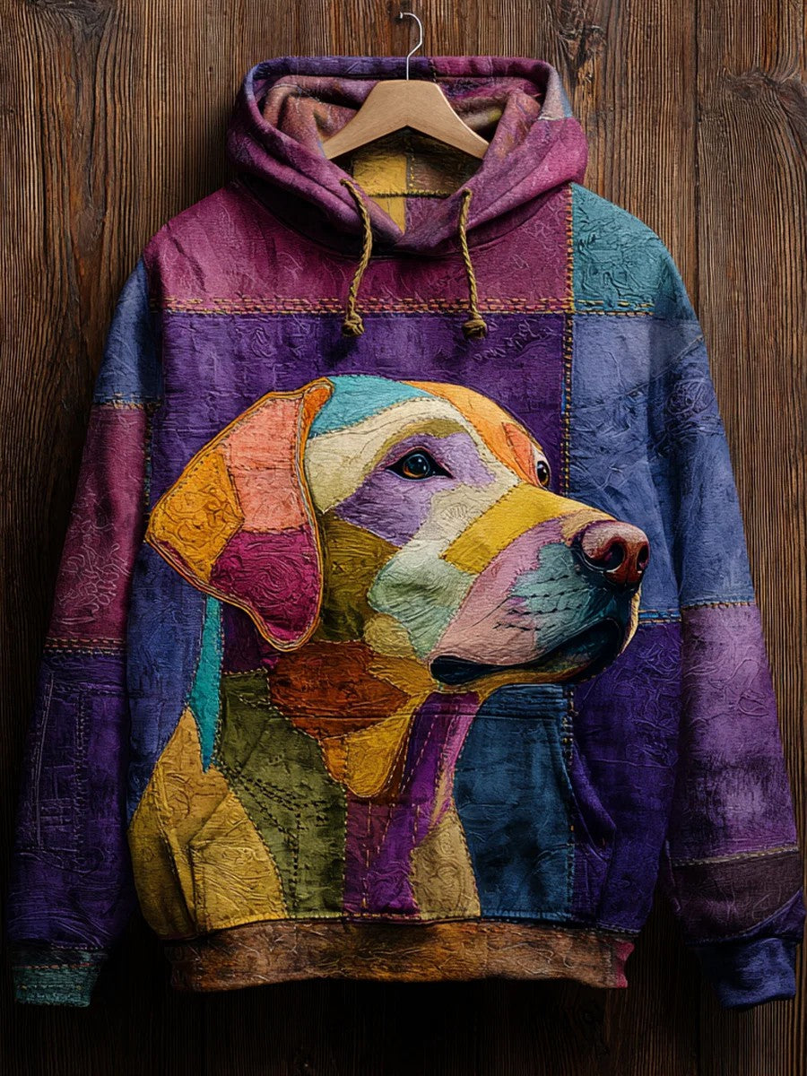 Vintage Patchwork Dog Print Art Casual Hoodie As picture / S