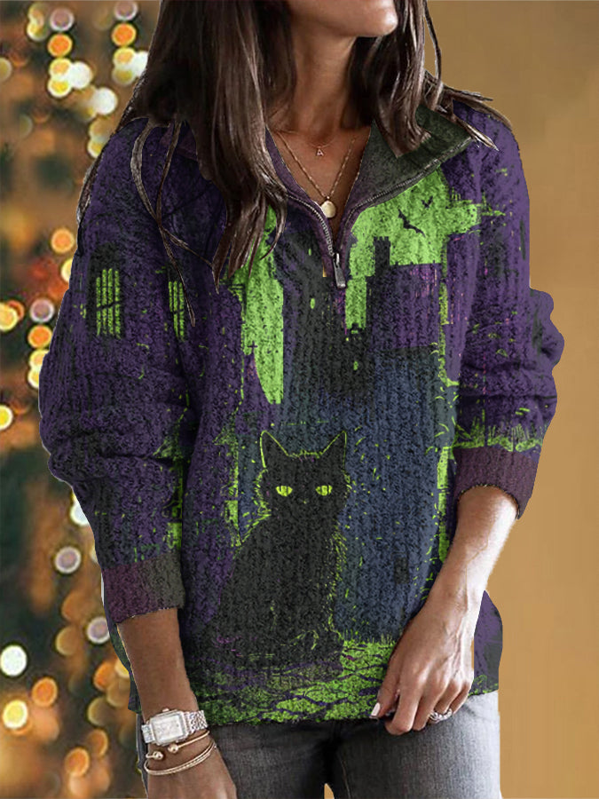Women's Halloween Spooky Cat Embroidery Knit Zipper Sweater