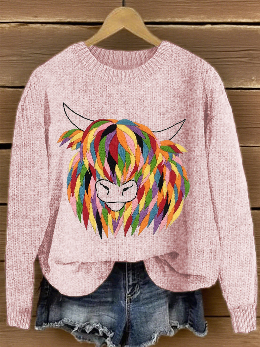 Women's Highland Cow Embroidered Knit Sweater