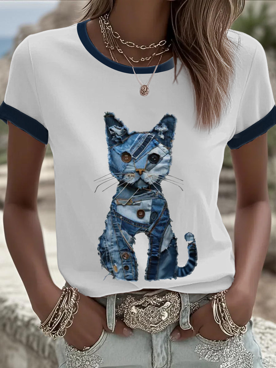 Women's Denim Patchwork Cat Printed T-shirt