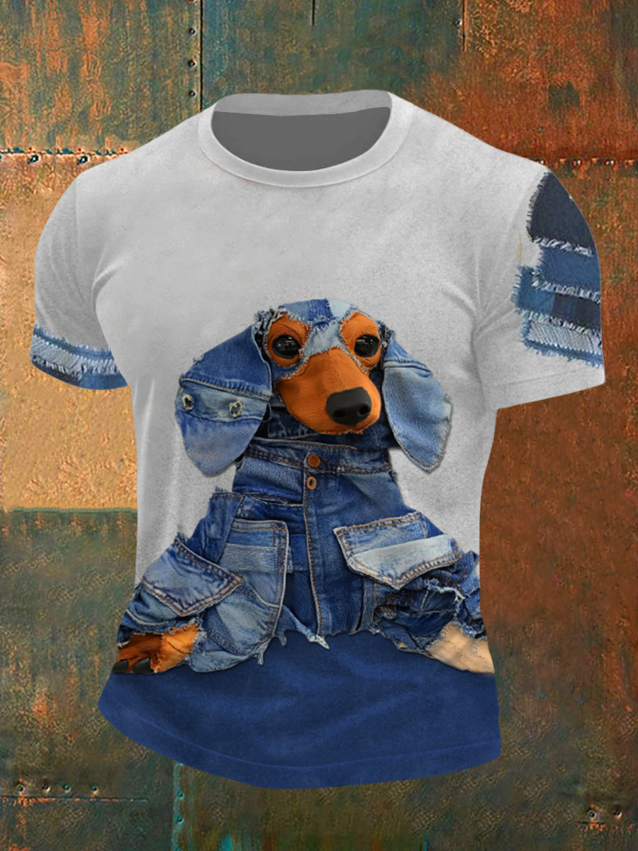 Men's Cowboy Spliced Dachshund Short Sleeves T-shirt