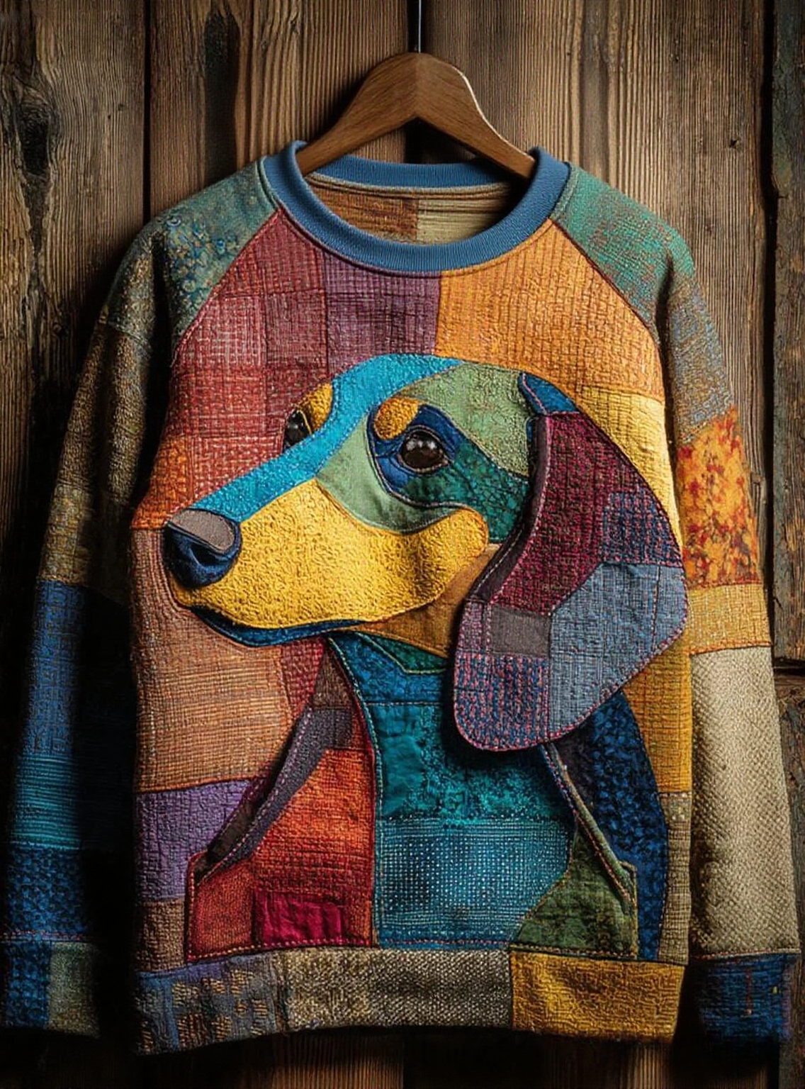 Women’s Vintage Patchwork Dog Art Print Casual Sweatshirt As picture / S