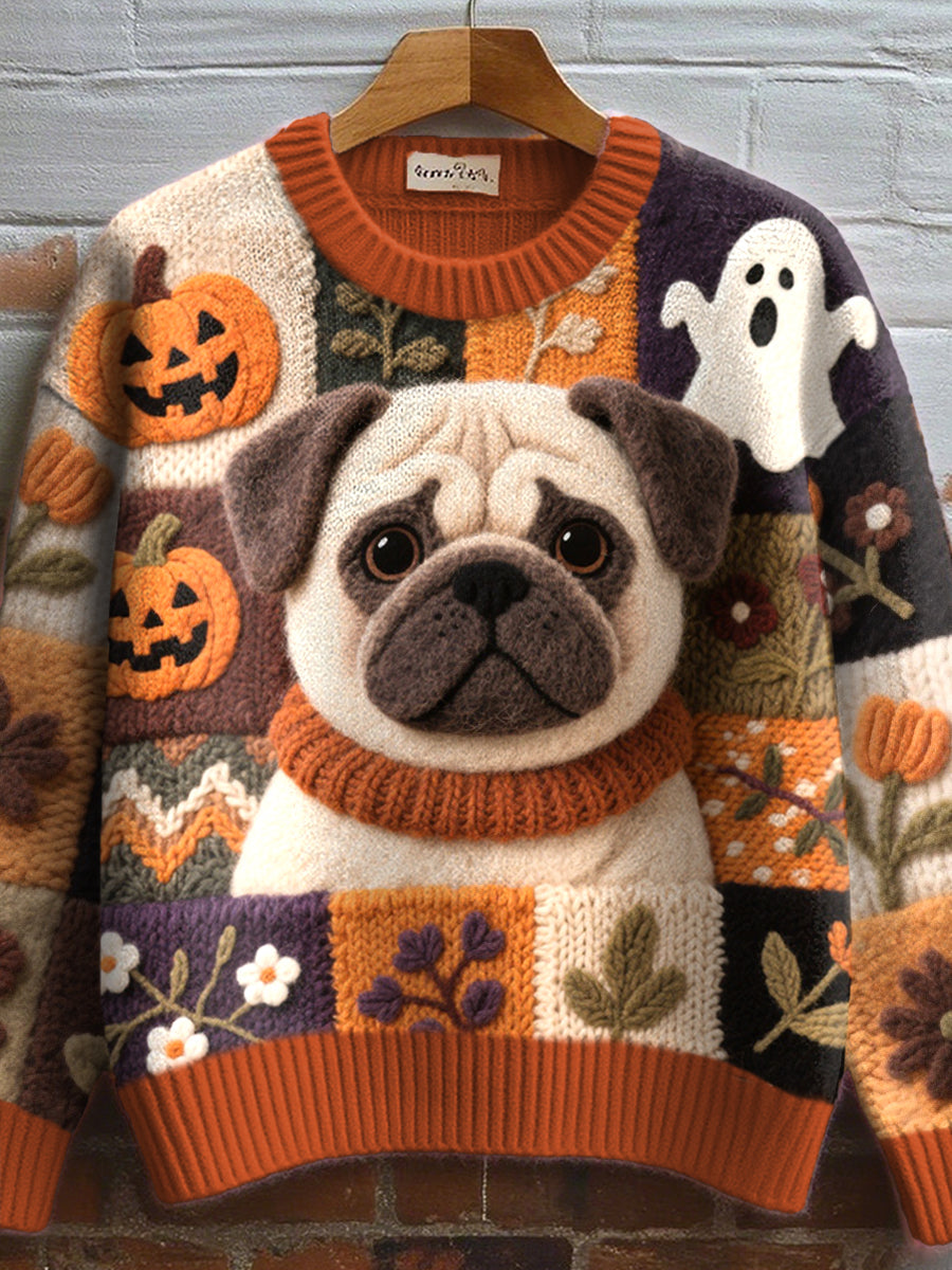 Women’s Lovely Pug Felt Art Cozy Knit Sweater As picture / S